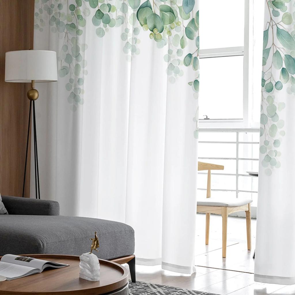 Watercolor Plant Leaf Illustration Green Sheer Window Curtain Tulle Curtains for Livingroom Bedroom Home Decor Voile Drapes