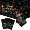3pcs Happy New Year Tablecloth, Disposable Black Gold NYE Party Tablecloth Decorations, Rectangular Plastic Table Cover NYE Theme Supplies for