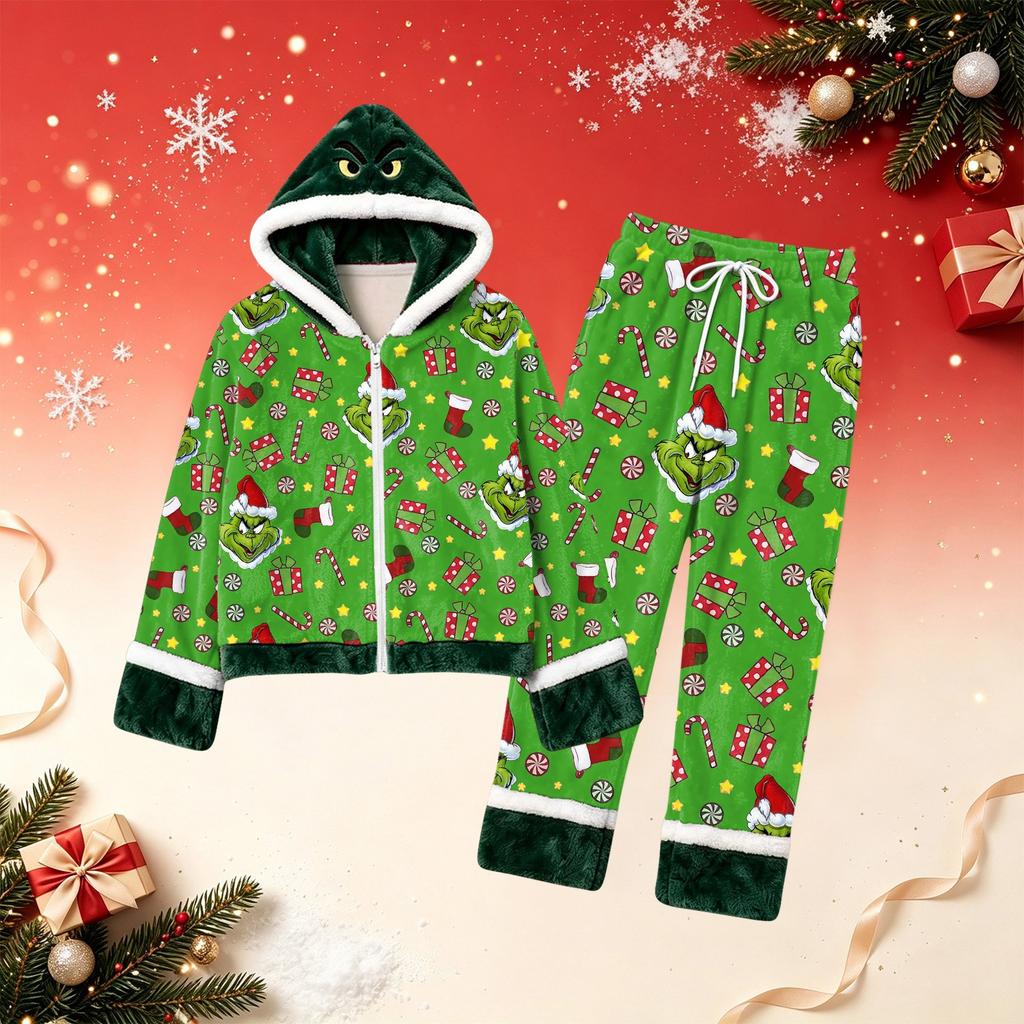 Women's Casual Loose Fit Christmas Print Lined Hooded Pajama Top and Pants Set