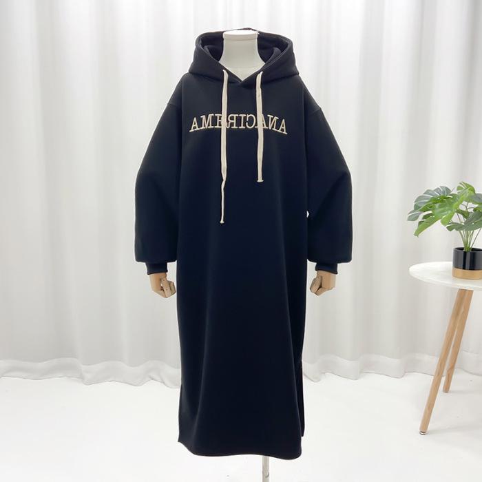 

YYFS Женская мода Осень Зима Длинный рукав С капюшоном Свободная талия Повседневные платья Size: One Size чёрный