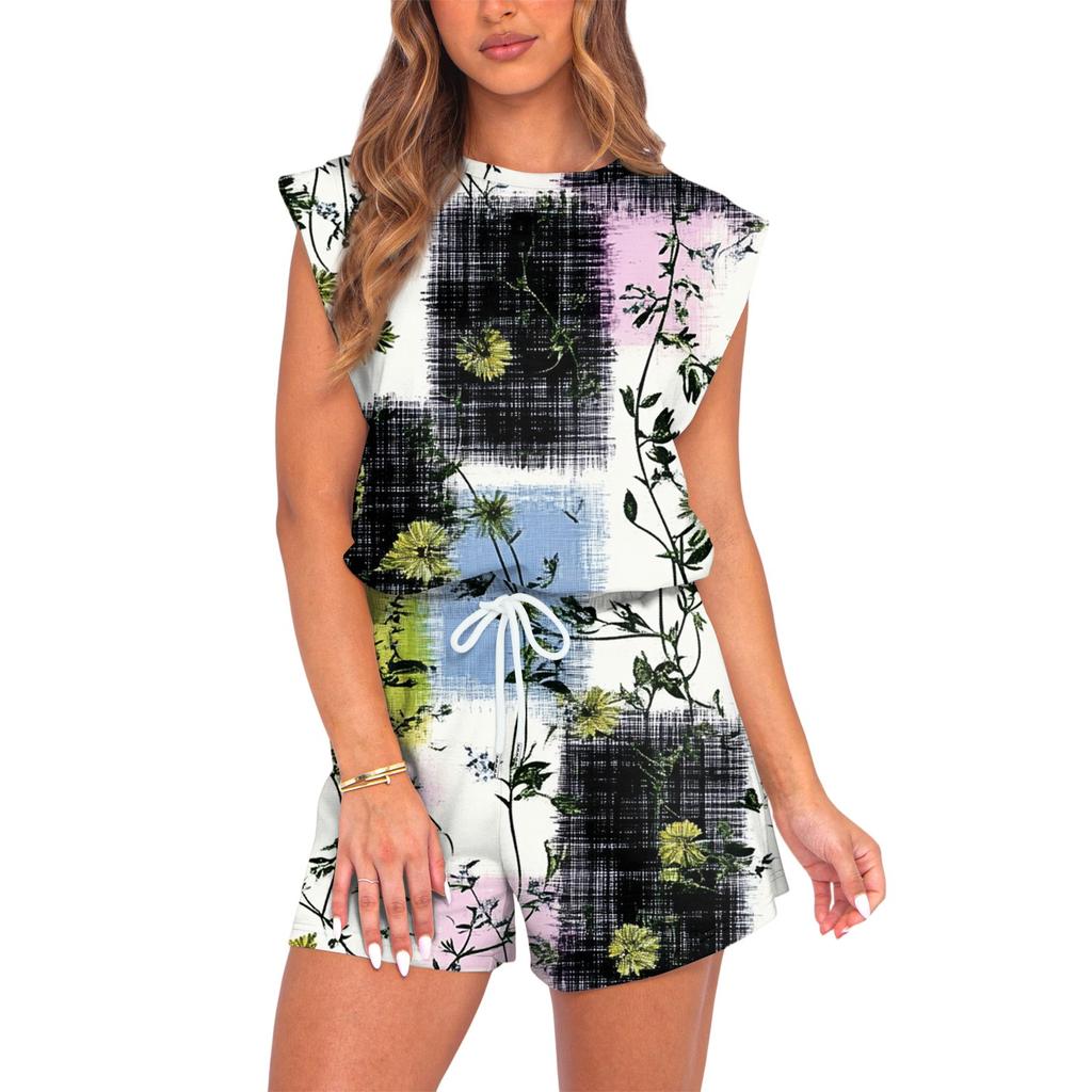 Women's Jumpsuit Floral Print Spring Summer Cap Sleeves Adjustable Drawstring Waist Comfortable Casual Short Jumpsuit With Pockets