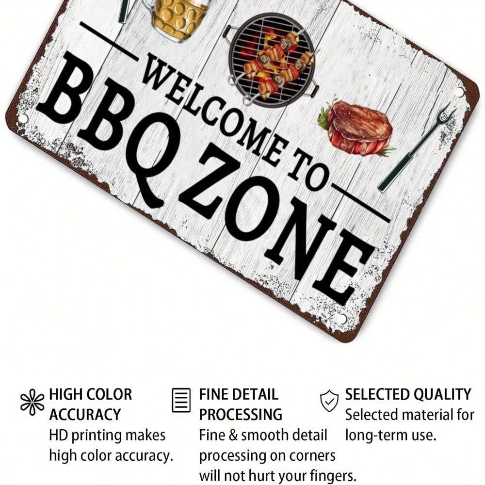 Cartello in Metallo Zona Barbecue Vintage 20x30cm Arte da Parete Rustica Resistente alle Intemperie Decorazione per Grigliate all'Aperto