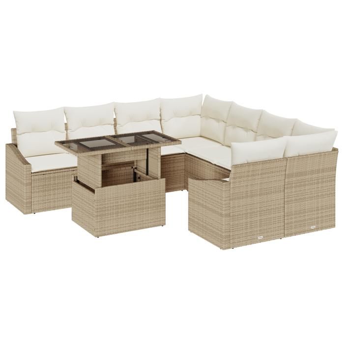 VidaXL Ensemble de Canapé de Jardin de 9 Pièces avec Coussins Beiges en Poly Rotin 3348977