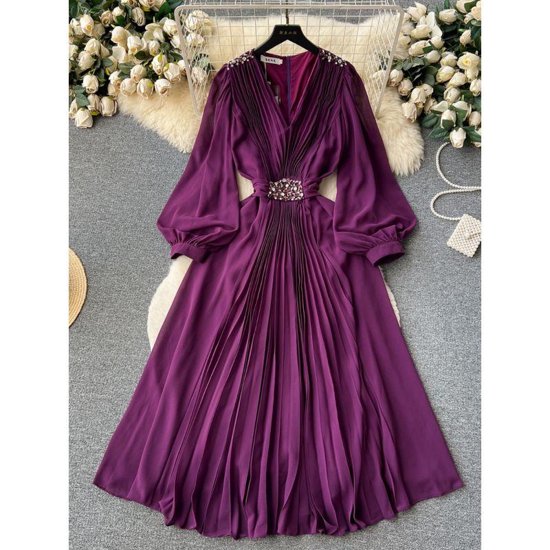 Retro Lantern Sleeve Dress Elegance Large Swing Rhinestone
