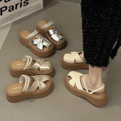 Thick-bottomed Muffin and Cool Slippers 2025 New Summer Women's Baotou Beaded One-pedal Breathable Women's Roman Slippers