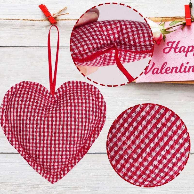 Pack of 12 Plaids Check Fabric Heart Shape Hanging Ornaments Pendants for Valentines Day Wedding Decors Party Supplies