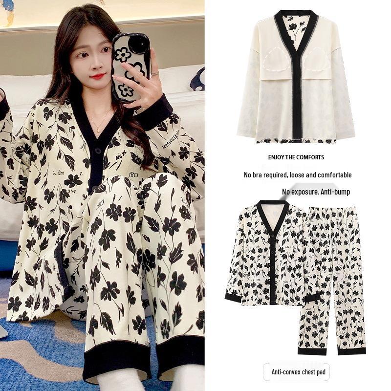 Women's Retro Print Cotton Pajama Set - V-Neck Cardigan, Loose Fit, Comfy Korean Style, Spring/Autumn.