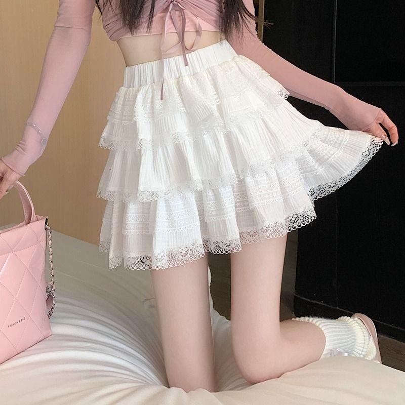 White French Lace Puffy Cake Skirt Female Summer New High Waist Slim Skirt Korean Fashion Design Casual A-line Skirts