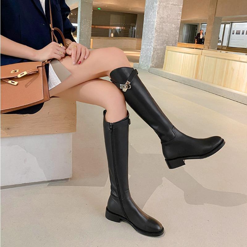 Sheepskin Version Leather Boots Women's Diagonal Lock Thick Heel High Knight Boots Women's British Autumn and Winter Boots