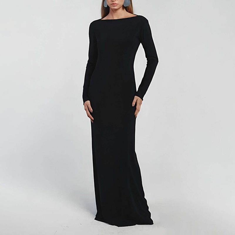Women's Fall Long Sleeves Boat Neck Bodycon Maxi Dress Open Back Formal Dress Elegant Backless Evening Gown Party Long Dresses for Women
