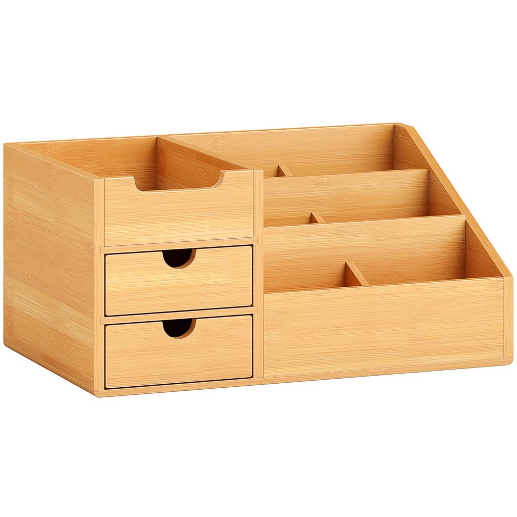 Desk Organiser Holder, Bamboo Multi-Function Storage Caddy with 7 Storage Compartments and 2 Drawers for Home Office Stationary Supplies