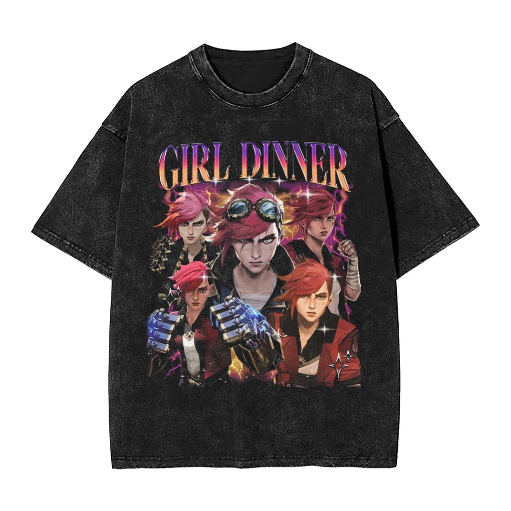 Anime Arcane Vi Spiel Violett Bedrucktes Gewaschenes T-Shirt Herren Damen Manga T-Shirts Vintage Baumwoll-T-Shirt Harajuku Herren-Tee