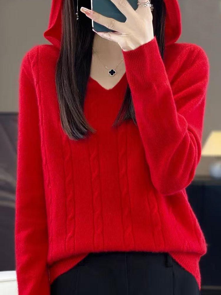 2026 Autumn/Winter Women's Hooded Knit Cashmere Hoodie - Soft & Fluffy Base Layer, Red New Year Edition