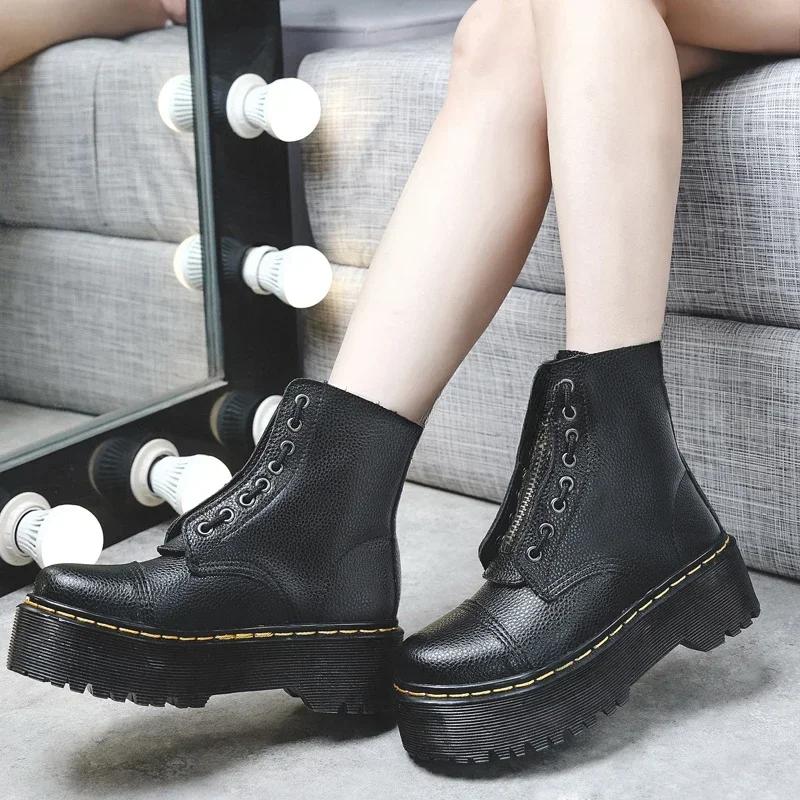 Women Boots Genuine Leather Platform Boots Motorcycle Shoes Front Zipper Optical Soles Fashion Sexy Punk Men Winter Boots 34-45