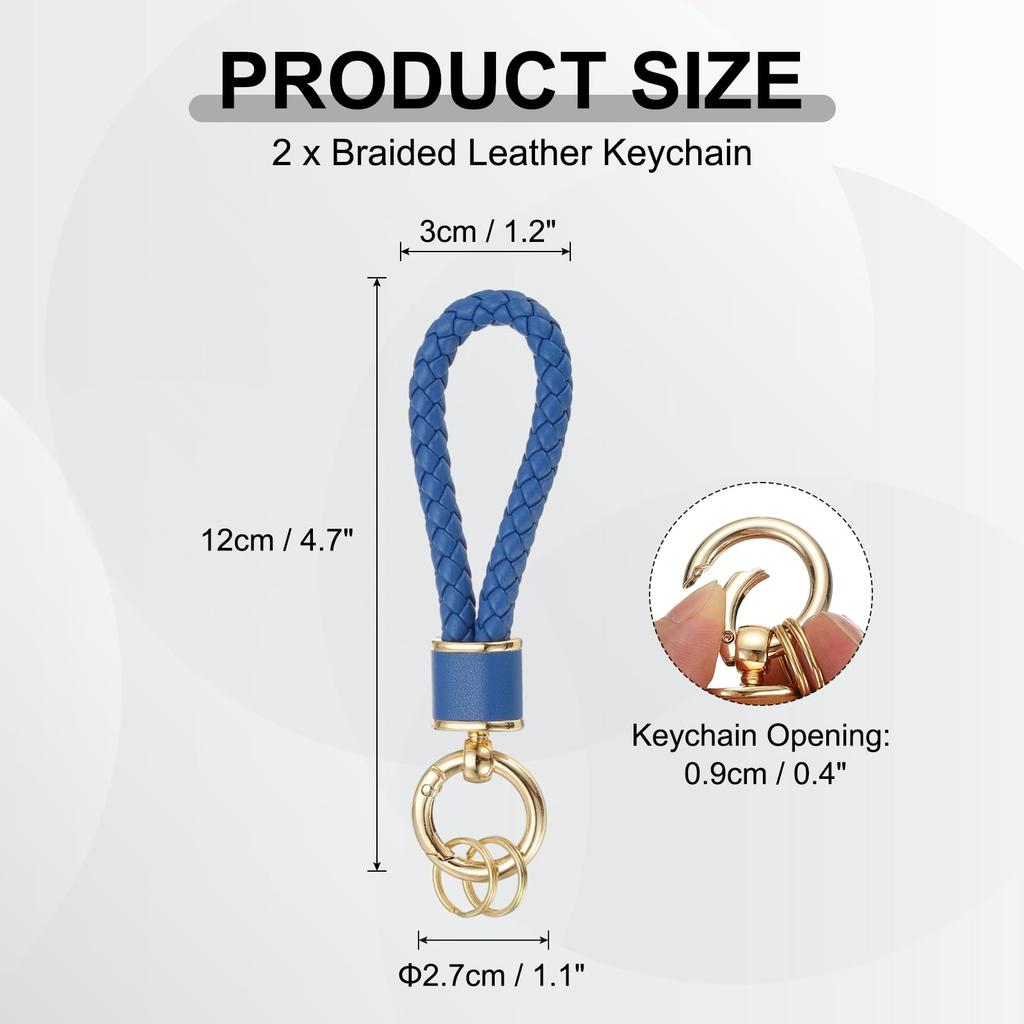 [uxcell] Set of 2 Braided Leather Keychains with Woven Straps, 360 Degree Rotatable, for Car Keys, Bags, and Wallets, GoldDark Blue
