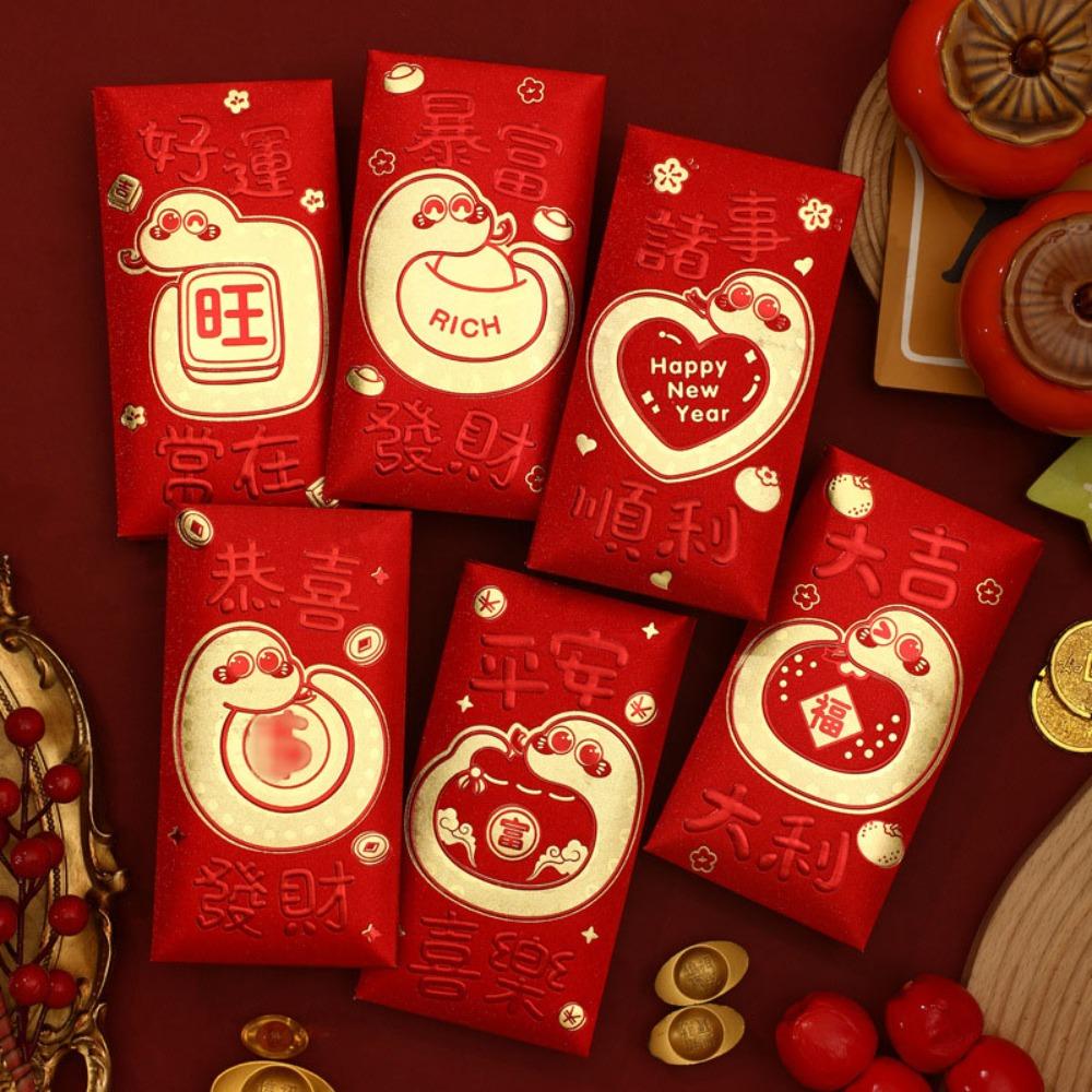 6pcs Blessings Printing Lucky Money Bag Solid HongBao Cartoon Red Packet Year of The Snake
