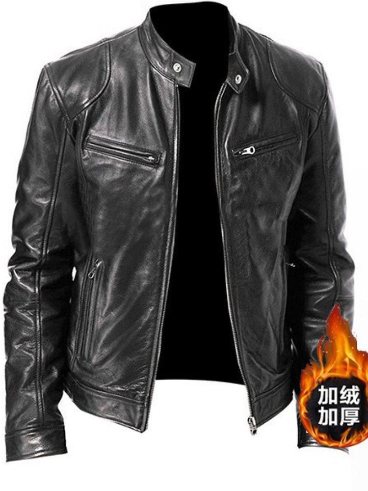 Men's Genuine Leather Jacket with Zipper Details, Stand Collar, Multiple Pockets, Slim Fit, Black and Brown