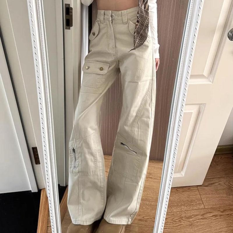 Women's High Waisted Cargo Jeans Beige Wide Leg Denim Pants with Pockets