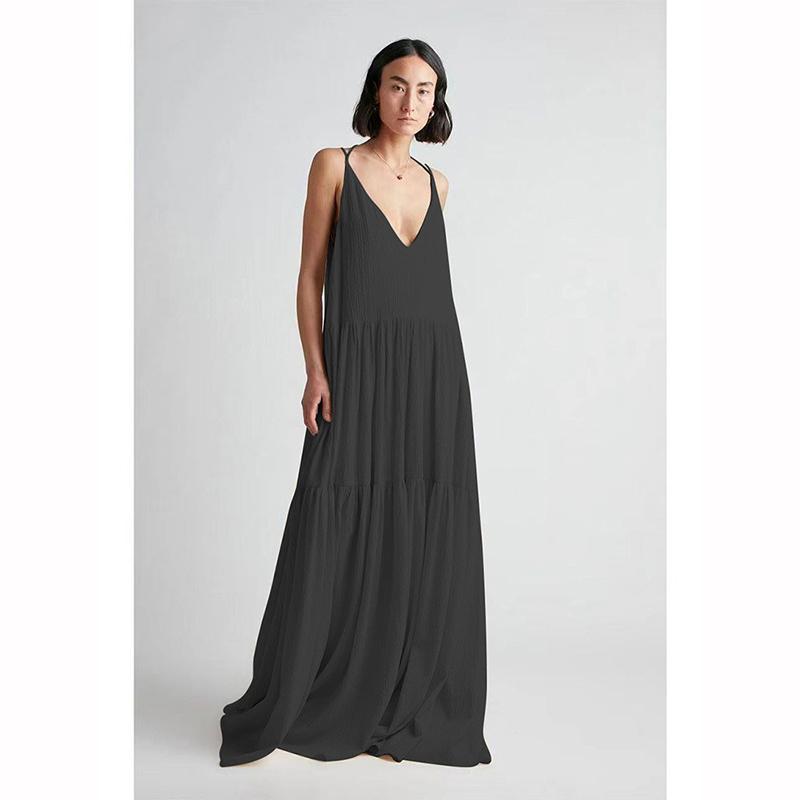 

Летние свободные платья-слинги на шнуровке для женщин, повседневные однотонные плиссированные платья неправильной длины, весенние сексуальные с двойным V-вырезом, открытой спиной и вырезами XXL чёрный