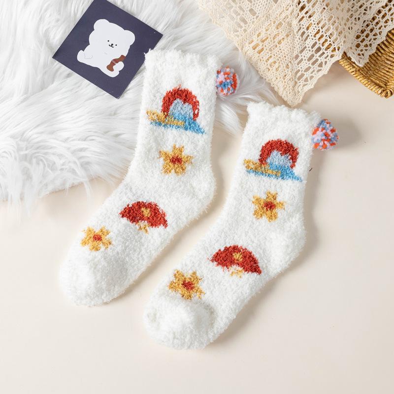 5/10 Pairs Comfortable Casual Winter Coral Fleece Mid Calf Socks Autumn Winter Thickened Warm Home Floor Socks Japanese Style Cartoon Sleep Socks