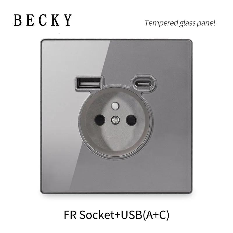 Gray Glass Wall Square Switch Panel EU UK Standard 16a Socket Large Panel Wall Light Switch Usb TypeC Socket Net TV Tel Socket