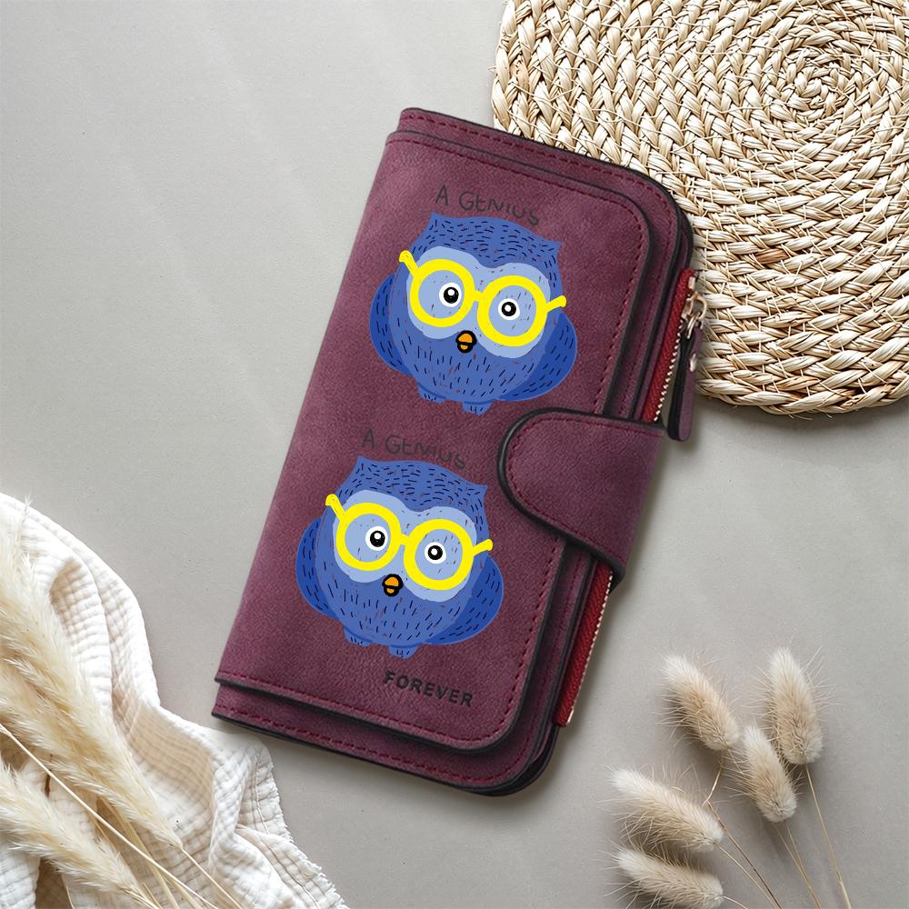 Cute Owl Print Women Long Wallet Fashionable Leather Card Holder Portable Casual Daily Purse
