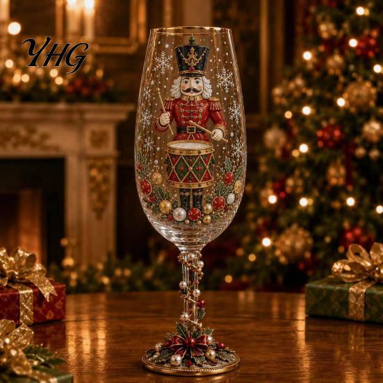 Creative Christmas Table Ornament Nutcracker Champagne Glass, 350ml Hand Painted Holiday Wine High Borosilicate Glassware Decorative Drinkware