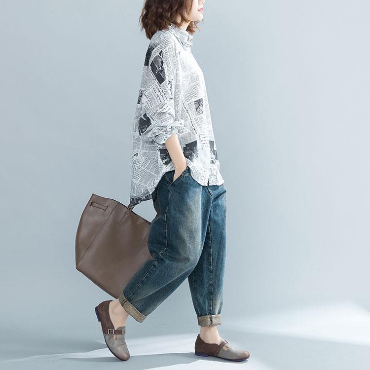 Dimanaf Bluzka Plus Size Koszule damskie Druk gazetowy Szyfon Cienki kardigan Letnie białe długie rękawy Topy oversize