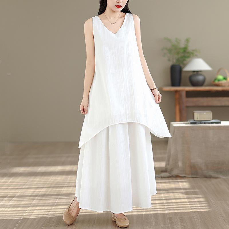 Women's High-End White Sleeveless Suit Dress - Loose Vest & Irregular Skirt Two-Piece Set