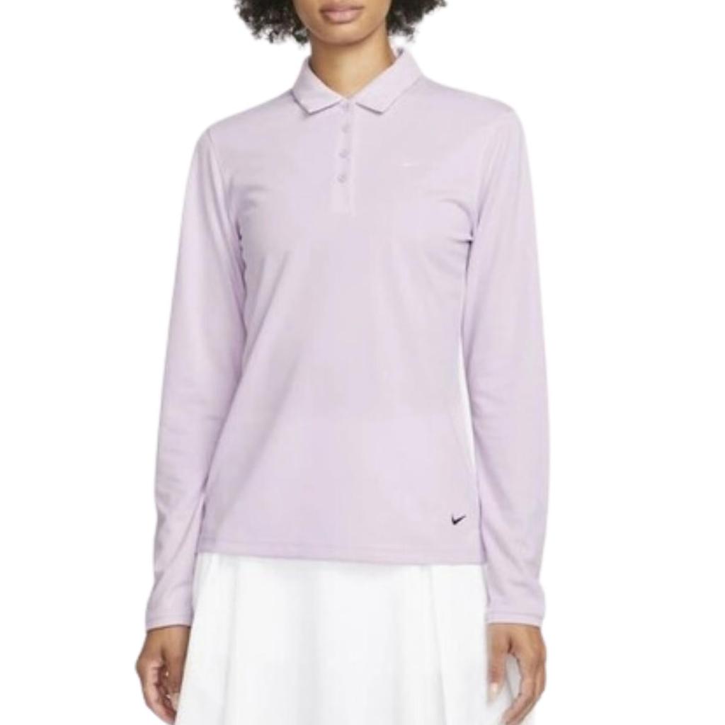 Nike Solid Color Logo Print Half Button Pullover Long Sleeve Polo Shirt Women Tops Pink Purple DH2317-530