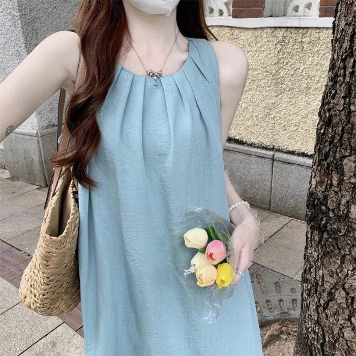 Seaside vacation backless straight dress women s summer Yunnan travel wear loose suspenders beach long skirt S светло-синий