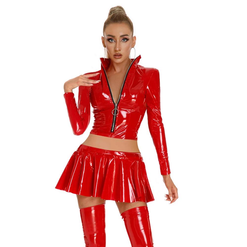 Sexy Women Pvc Pleated Micro Mini Skirt 2Pcs/Set Glossy Shiny Tight Pu Flared Ruffled Skirt Uniform Maid Skirt With Short Top