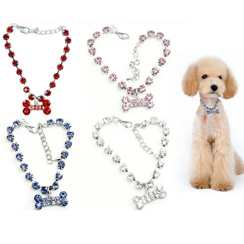 Adjustable Pet Necklace Cat Dog Crystal Collar Rhinestone Bone Pendant Cats Dogs Luxury Fashion Dress Up Decoration Accessories