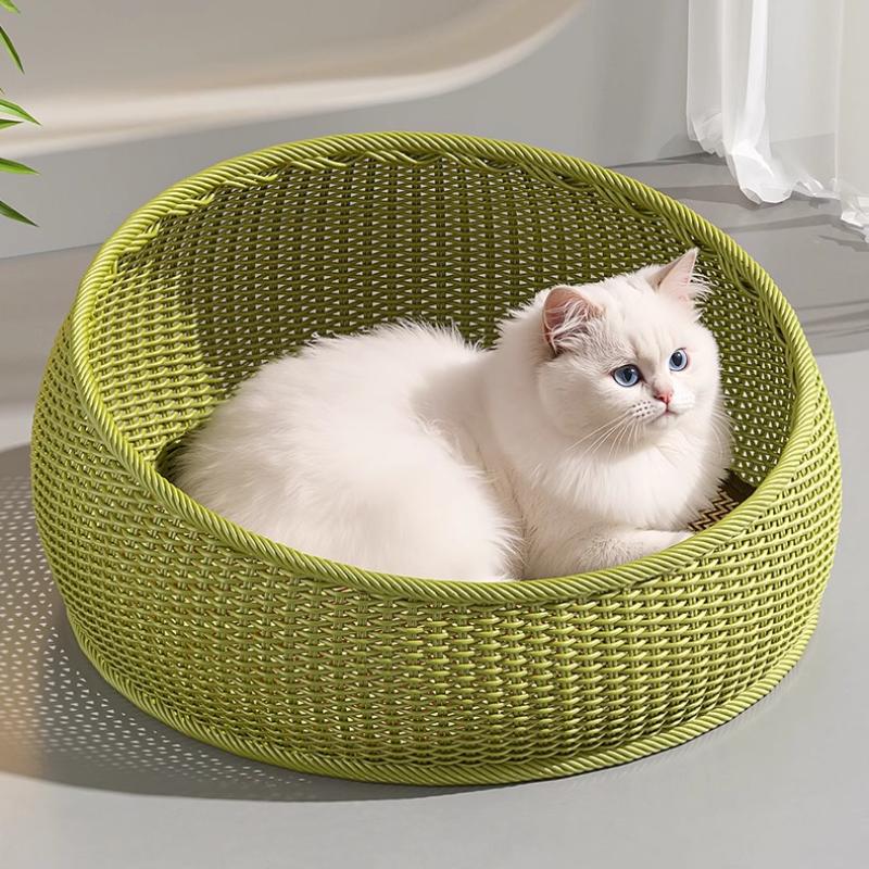 Imitation Rattan Cat House All Season Semi-Enclosed Pet Shelter Breathable Summer Cat Cave Cozy Woven Kittens Bed for Indoor