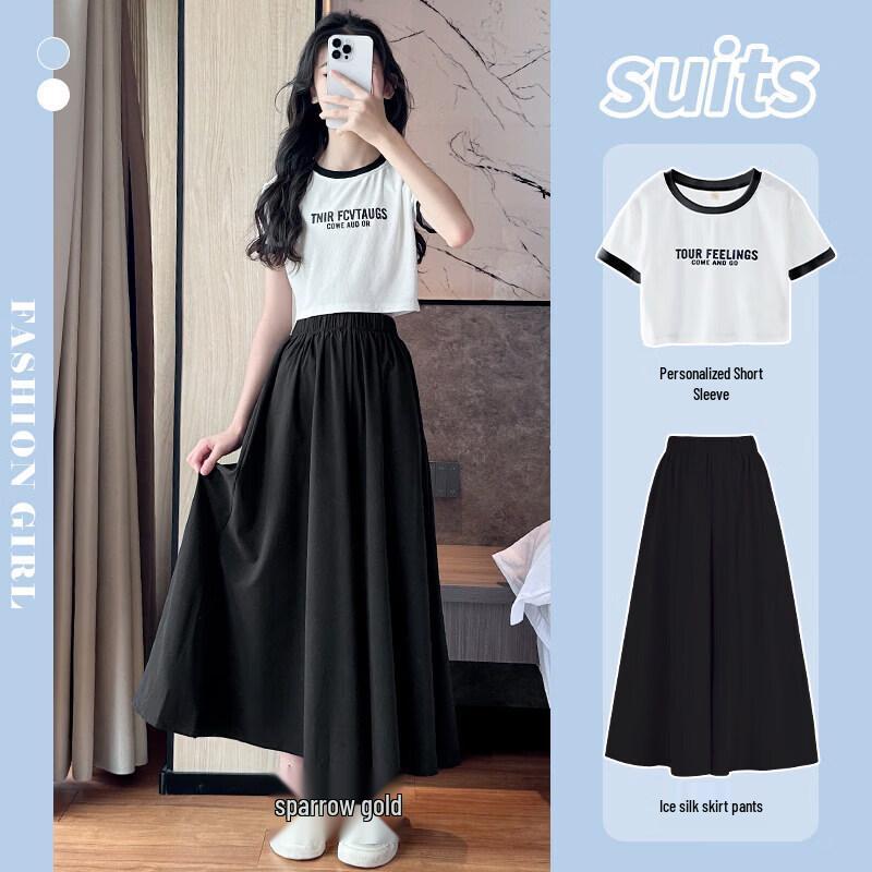 Moonkids Girls  Summer Short Sleeve Wide-Leg Pants Set 140cm
