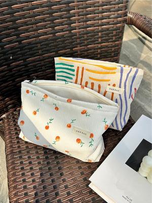 Floral Corduroy Cosmetic Bag - Large Capacity Makeup & Brush Storage