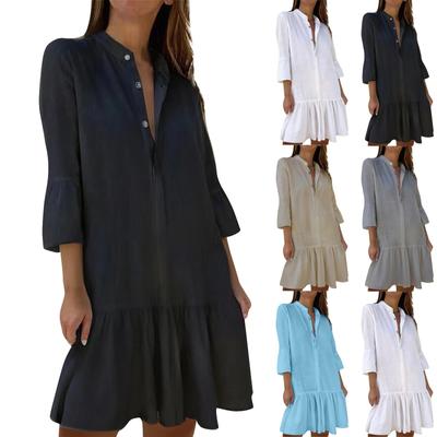 Women's Stand Up Collar Half Open Button Shirt, Ruffle Hem, Solid Color Casual Dress