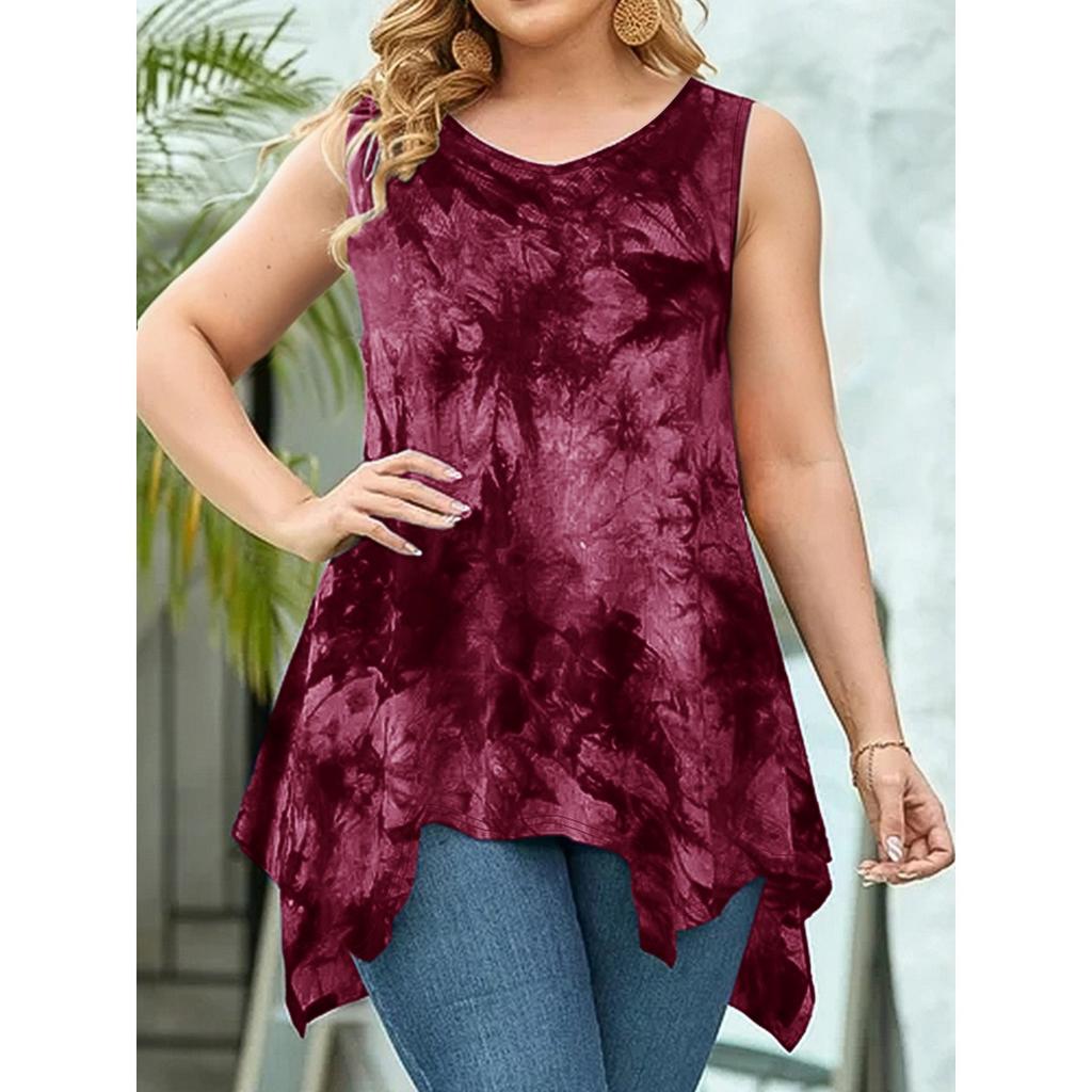 Summer Tie Dye Print V Neck Irregular Hem Sleeveless Plus Size T-shirt Top for Women