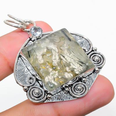 Natural Prehnite, White Topaz Gemstone 925 Sterling Silver Pendant 2.09" O6A53