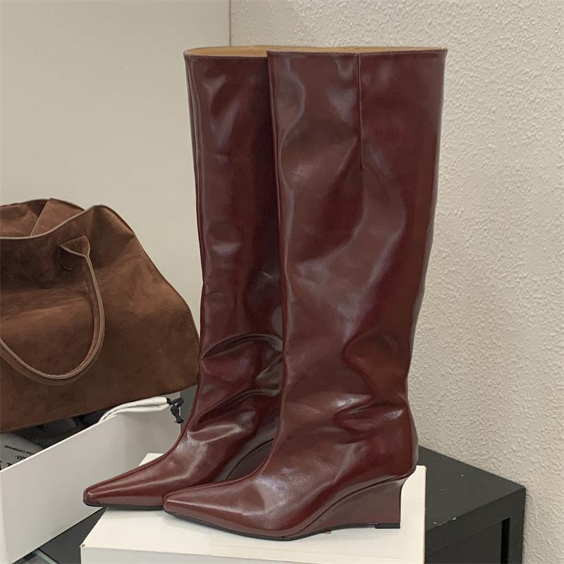 Eilyken Autumn Winter Design Pointed Toe Women Knee High Boots Ladies Shoes Wedges Heels Modern Long Booties Largas Mujer