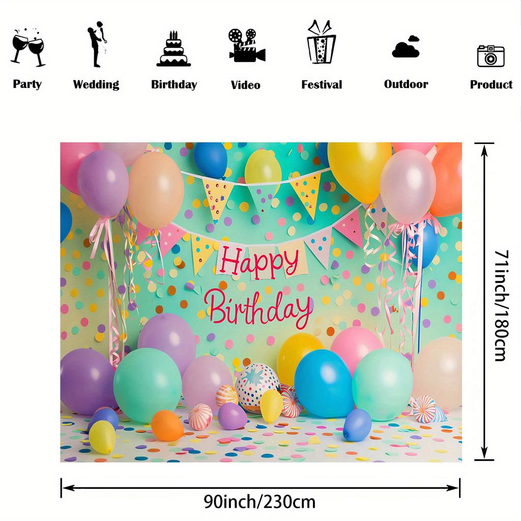 Happy Birthday Photo Booth Background Cloth - Bright Balloon and Cake Patterns, for Ladies' Celebration Parties