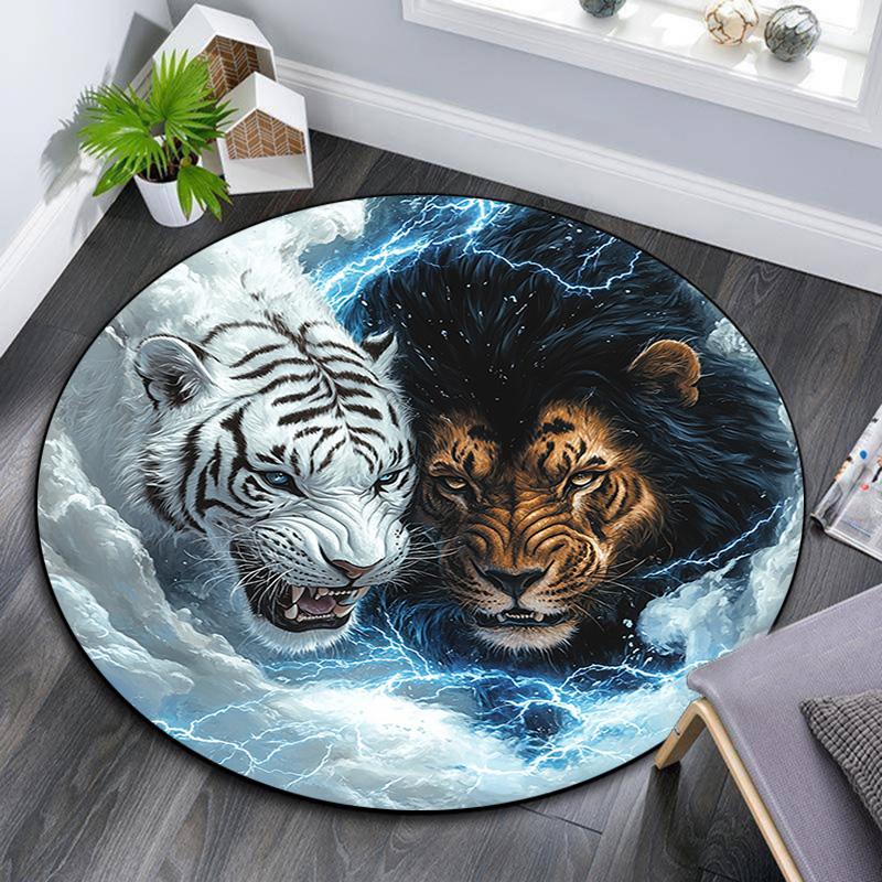 Yin Yang Tiger Lion Round Area Rug,Carpet Rug for Living Room Bedroom Sofa Playroom Decor,Non-slip Floor Mat