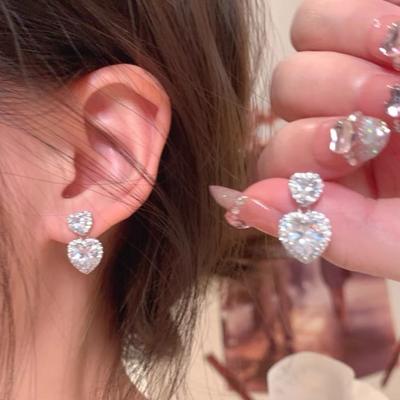 S925 Silver Needle Delicate Zircon Love Earrings Women'S Versatile Temperament Peach Heart Flow Su Stud Earrings