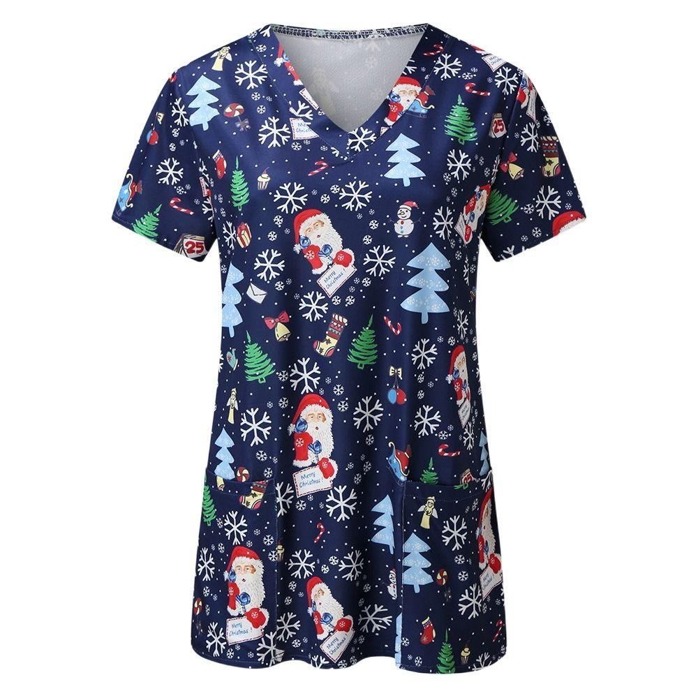 

Winter Pajamas Santa Claus Snowman Short Sleeves Woman T-Shirt Christmas Blouse Tops V-neck Shirts L-D