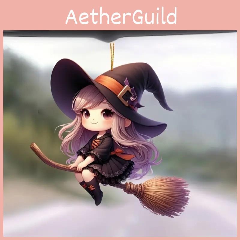 Halloween Cartoon Acryl Autoanhänger mit Hexenbesen für Fahrzeugdeko