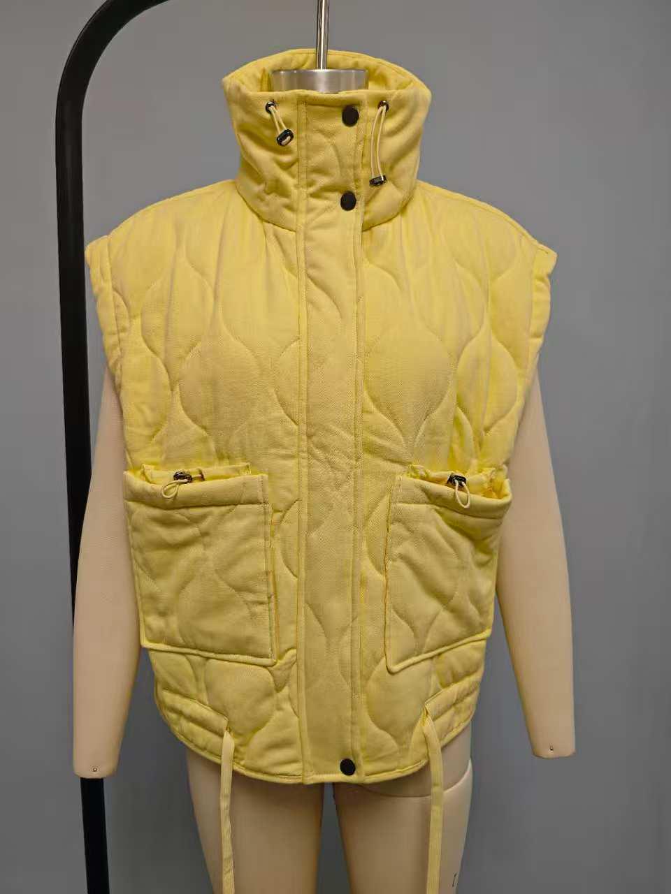 

Европейский и американский женский осенне-зимний жилет без рукавов с ромбовидным узором, воротником-стойкой и хлопковой подкладкой Large жёлтый