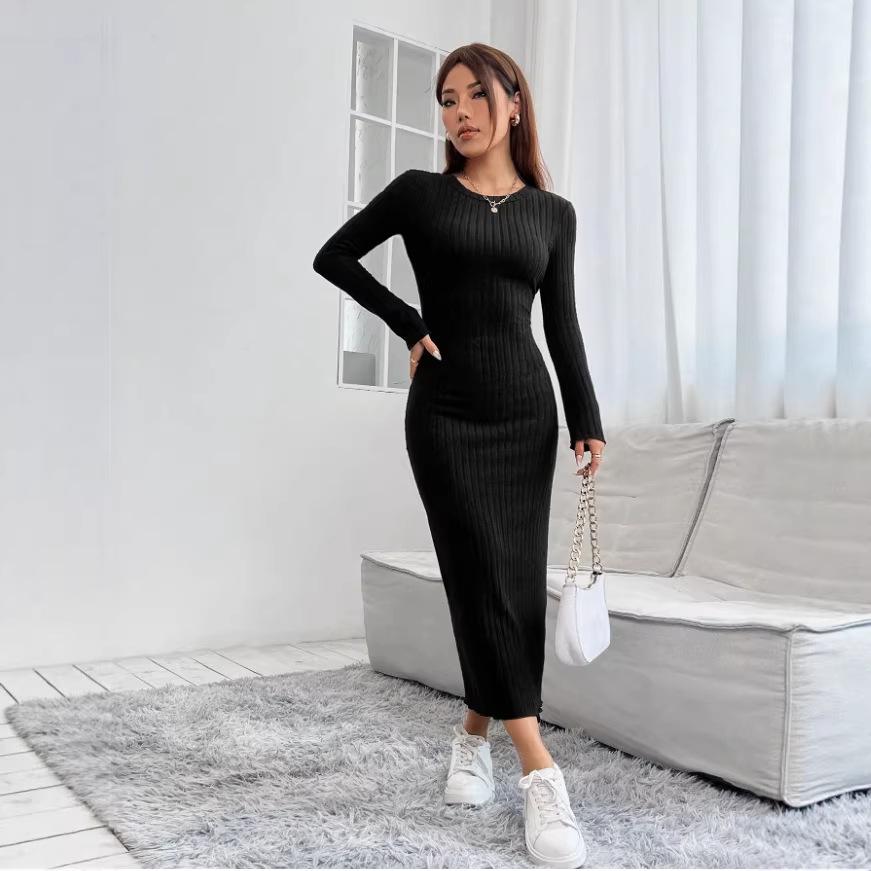 

Women s Round Neck Waist-Cinching Sexy Long Sleeve Hip-Hugging Dress for Spring and Autumn XS чорний