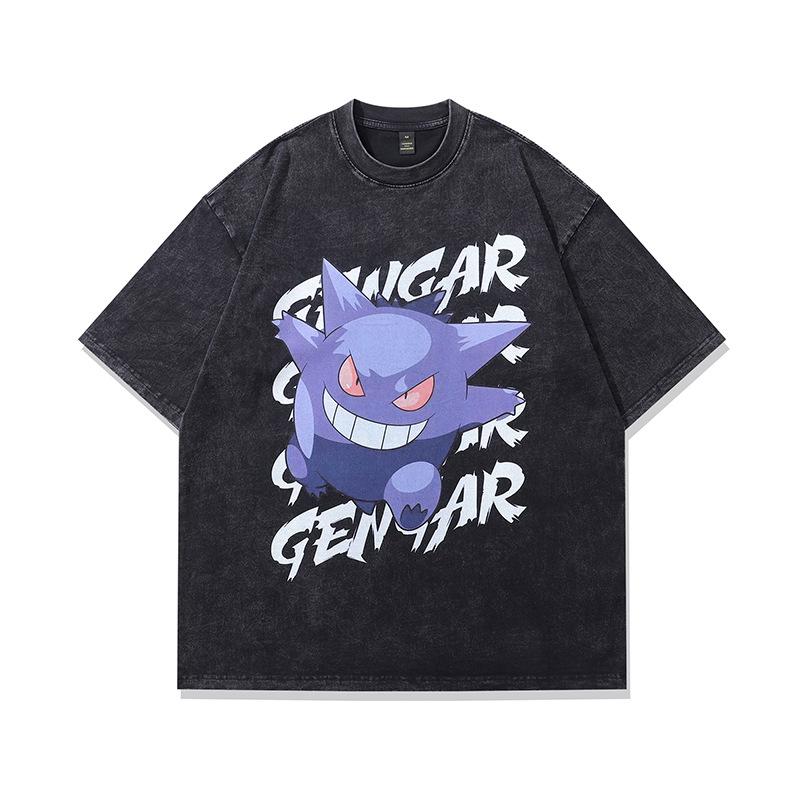 Harajuku Street Trendy Brand Vintage T-Shirt Dark Cartoon Print Washing Water Old Cotton Short-Sleeved T-Shirt Men'S Loose