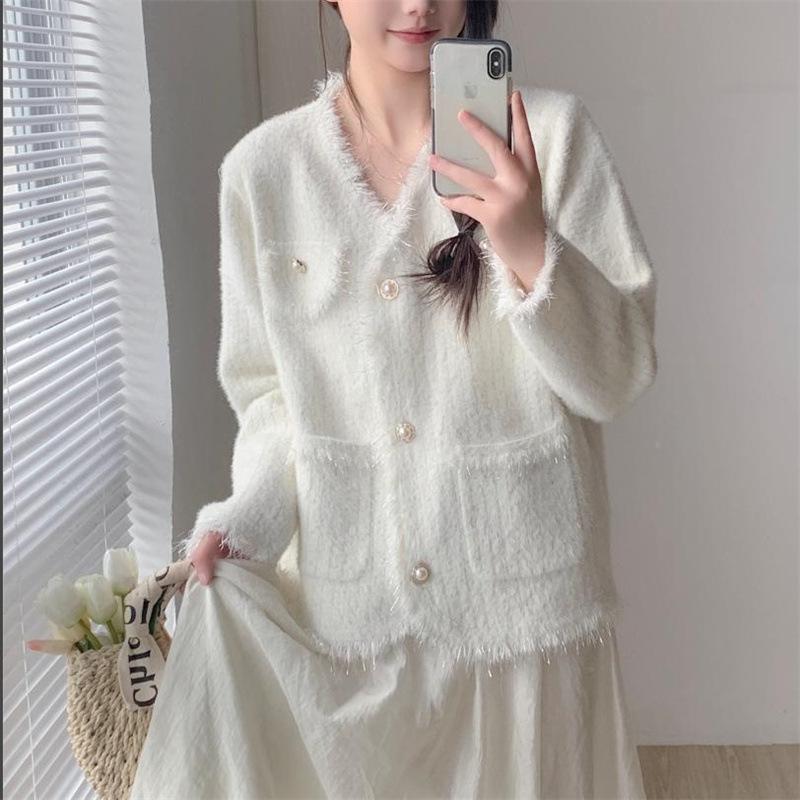 2025 autumn new imitation mink small fragrant knitted cardigan top gentle and sweet wind vertical stripes thin coat