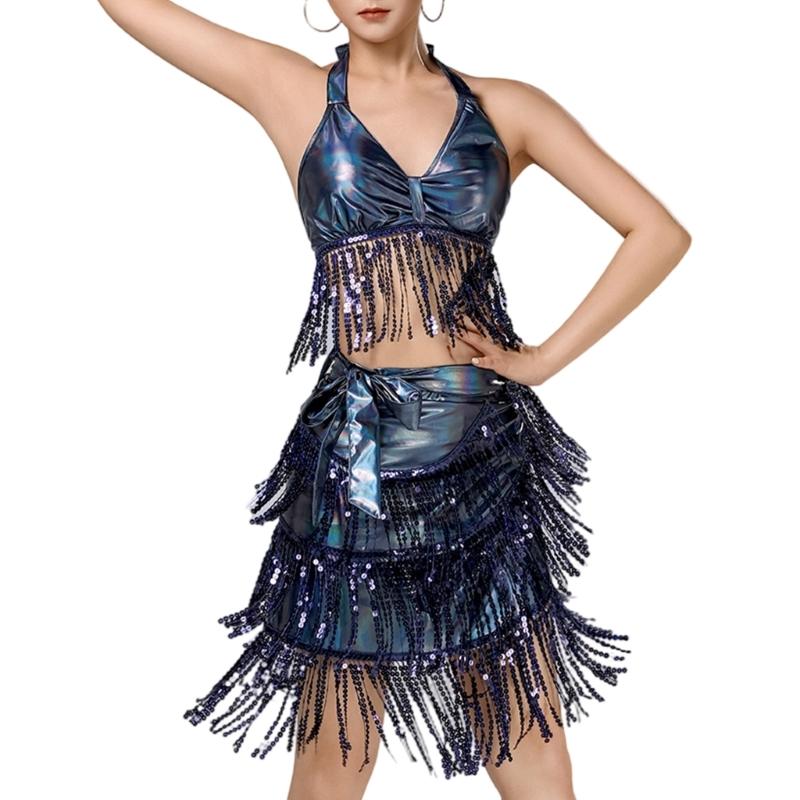 Belly Dance Costume Latin Dance Outfits Sequins Tassels Skirt and Halter Bra Top